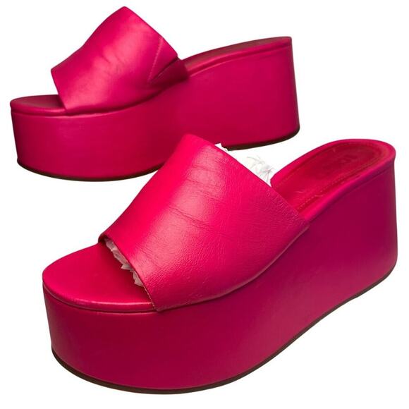 Schutz Hot Pink Leather Platform Wedge Sandals Sz 7.5 Barbie Y2K Chunky Festival - Picture 1 of 16
